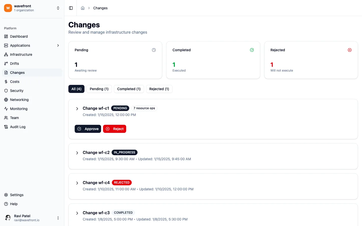 Changes page with pending, in-progress, completed, and rejected changes showing the full approval workflow