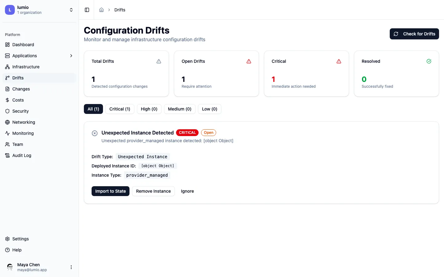 Drift detection page showing a critical unexpected instance with Import to State, Remove Instance, and Ignore actions